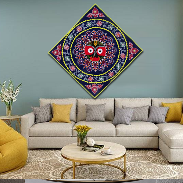 Handcrafted Pipli Applique Work Lord Jagannath Wall Hanging | 4x4 Feet | Odisha Traditional Art | Blue - Image 3
