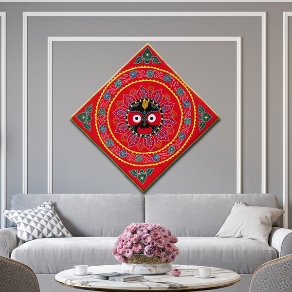 Handcrafted Pipli Applique Work Lord Jagannath Wall Hanging | 4x4 Feet | Odisha Traditional Art | Red - Image 3