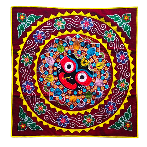 Handcrafted Pipli Applique Work Lord Jagannath Wall Hanging | 3x3 Feet | Odisha Traditional Art | Maroon - Image 3