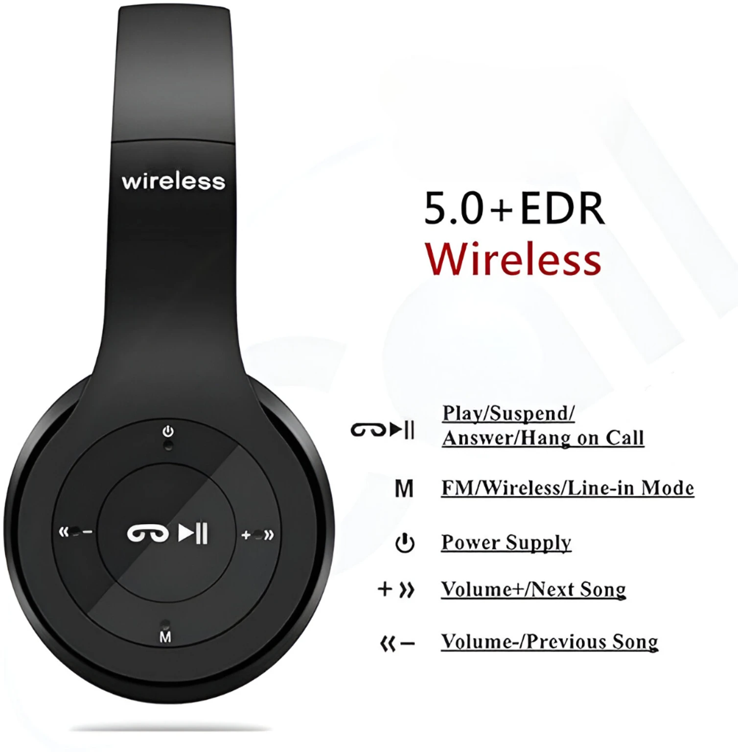 Foldable Bluetooth Headphones with Mic | Wireless On-Ear Headset | Black - Image 2